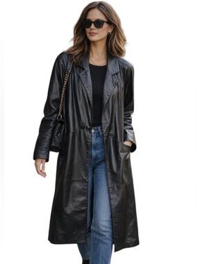 Vintage Avanti Black Genuine Leather Long Trench Coat PM